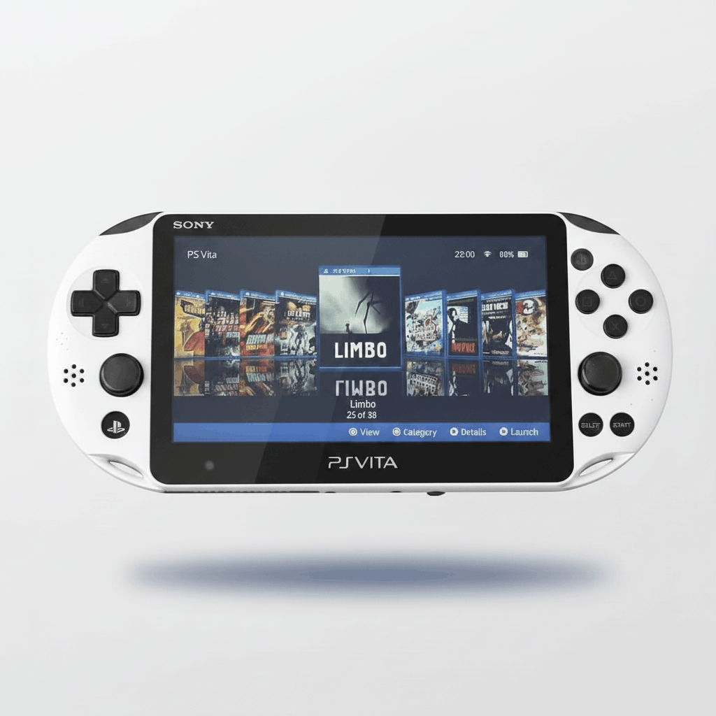 Sony PS Vita 2000 Glacier White modded handheld console showing custom firmware game library with 38 pre-installed games - ModxGaming UK