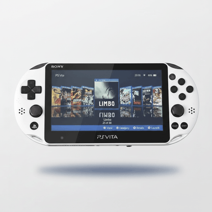 Sony PS Vita 2000 Glacier White modded handheld console showing custom firmware game library with 38 pre-installed games - ModxGaming UK