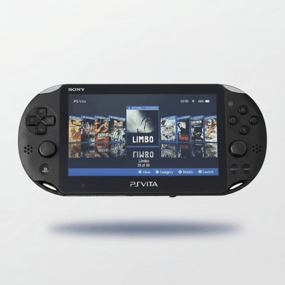 Sony PS Vita 2000 Piano Black modded handheld console showing custom firmware game library with 38 pre-installed games - ModxGaming UK