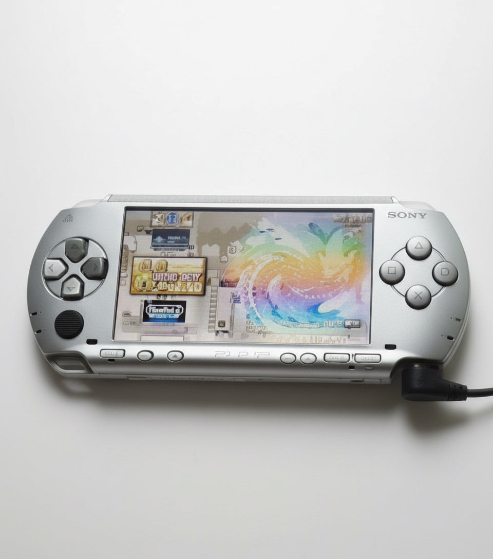 Sony portable gaming device on a white background “Ice silver modded PSP 1000 with 128GB SD card, custom firmware, emulators and pre installed games”

“Sony PSP 1000 ice silver jailbroken console featuring 128GB storage, custom firmware and classic games”

“PSP 1000 ice silver modded handheld with custom firmware, emulator support, and 128GB SD card included”