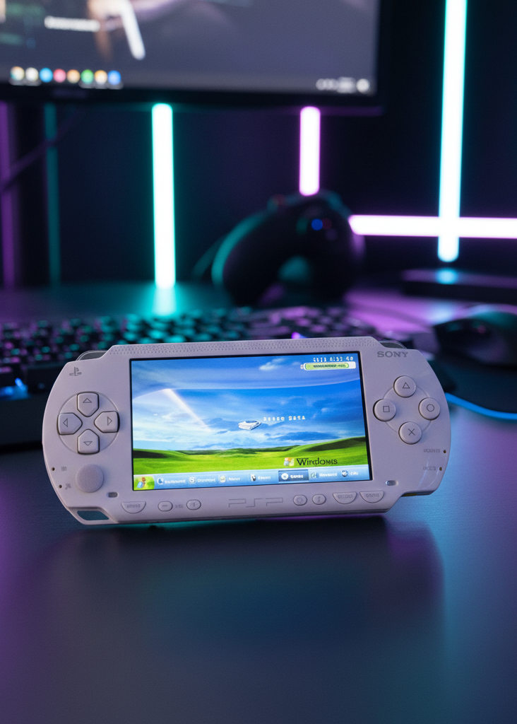 Handheld gaming console with a screen displaying a game, placed on a desk with neon lights in the background. “Ceramic white modded PSP 1000 with 128GB SD card, custom firmware, pre installed games and retro emulators”

“Sony PSP 1000 ceramic white jailbroken handheld console, 128GB memory card, emulator and game bundle installed”

“PSP 1000 ceramic white custom firmware system with 128GB SD card, fully modded and ready to play”