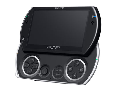 Sony PSP gaming console on a white background Black Sony PSP Go modded handheld console with custom firmware and emulators pre-installed, portable retro gaming system for PlayStation and classic console games
