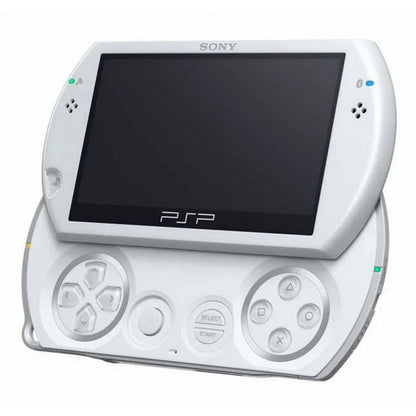 White Sony PSP gaming console on a white background White Sony PSP Go handheld console modded with custom firmware, emulators pre-installed, retro gaming device supporting PlayStation, NES, SNES and Game Boy games, portable classic gaming console
