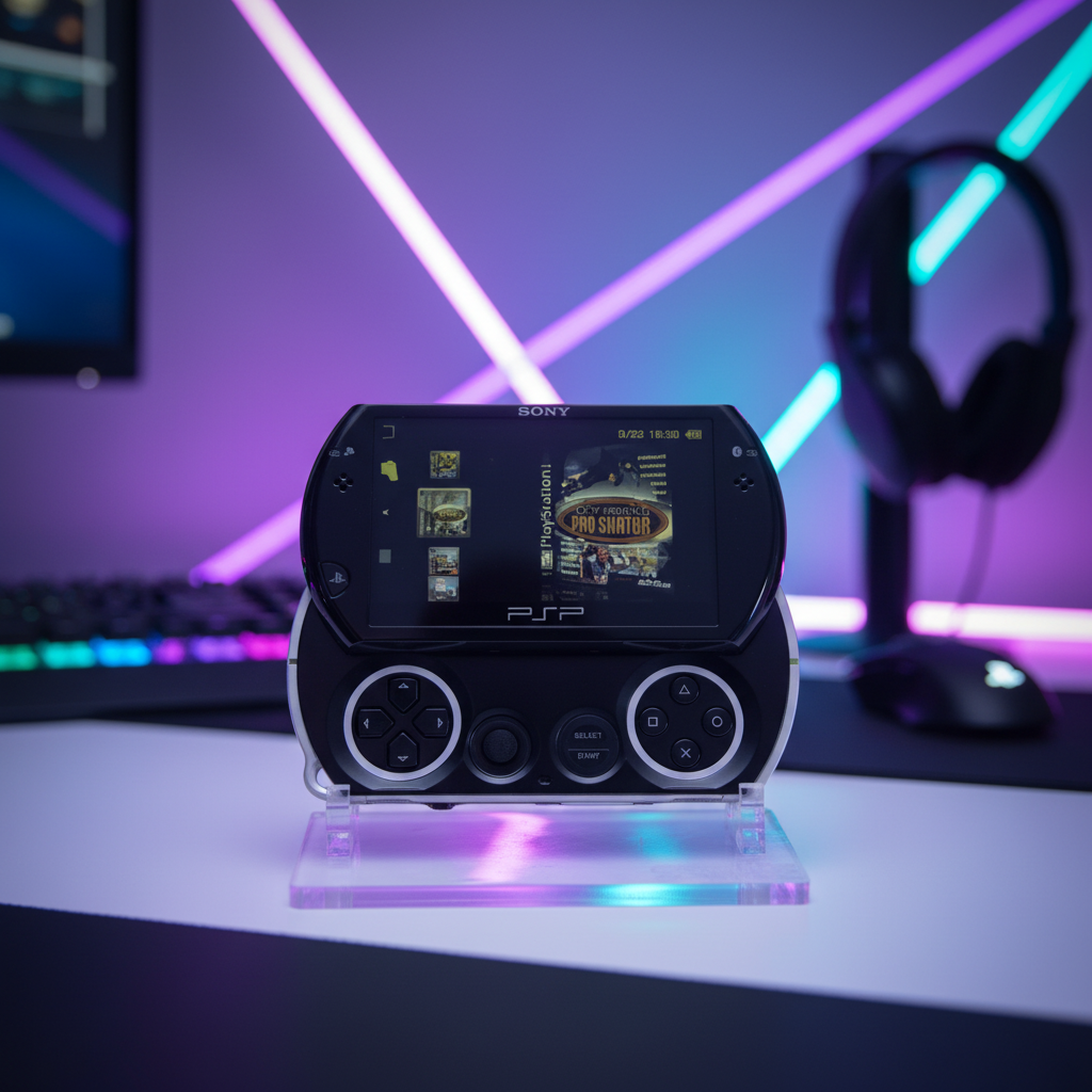 Sony PSP gaming console on a stand with colorful neon lights in the background Black Sony PSP Go modded handheld console with custom firmware and emulators pre-installed, portable retro gaming system for PlayStation and classic console games