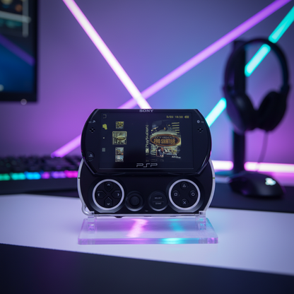 Sony PSP gaming console on a stand with colorful neon lights in the background Black Sony PSP Go modded handheld console with custom firmware and emulators pre-installed, portable retro gaming system for PlayStation and classic console games
