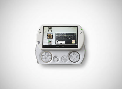 White handheld gaming console with screen displaying text on a white background White Sony PSP Go handheld console modded with custom firmware, emulators pre-installed, retro gaming device supporting PlayStation, NES, SNES and Game Boy games, portable classic gaming console
