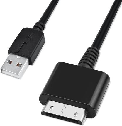 USB cable with one end as a standard USB connector and the other end as a dock  connector on a white background. Sony PSP Go official compatible charger cable, USB charging lead for PSP Go handheld console, fast and reliable power adapter