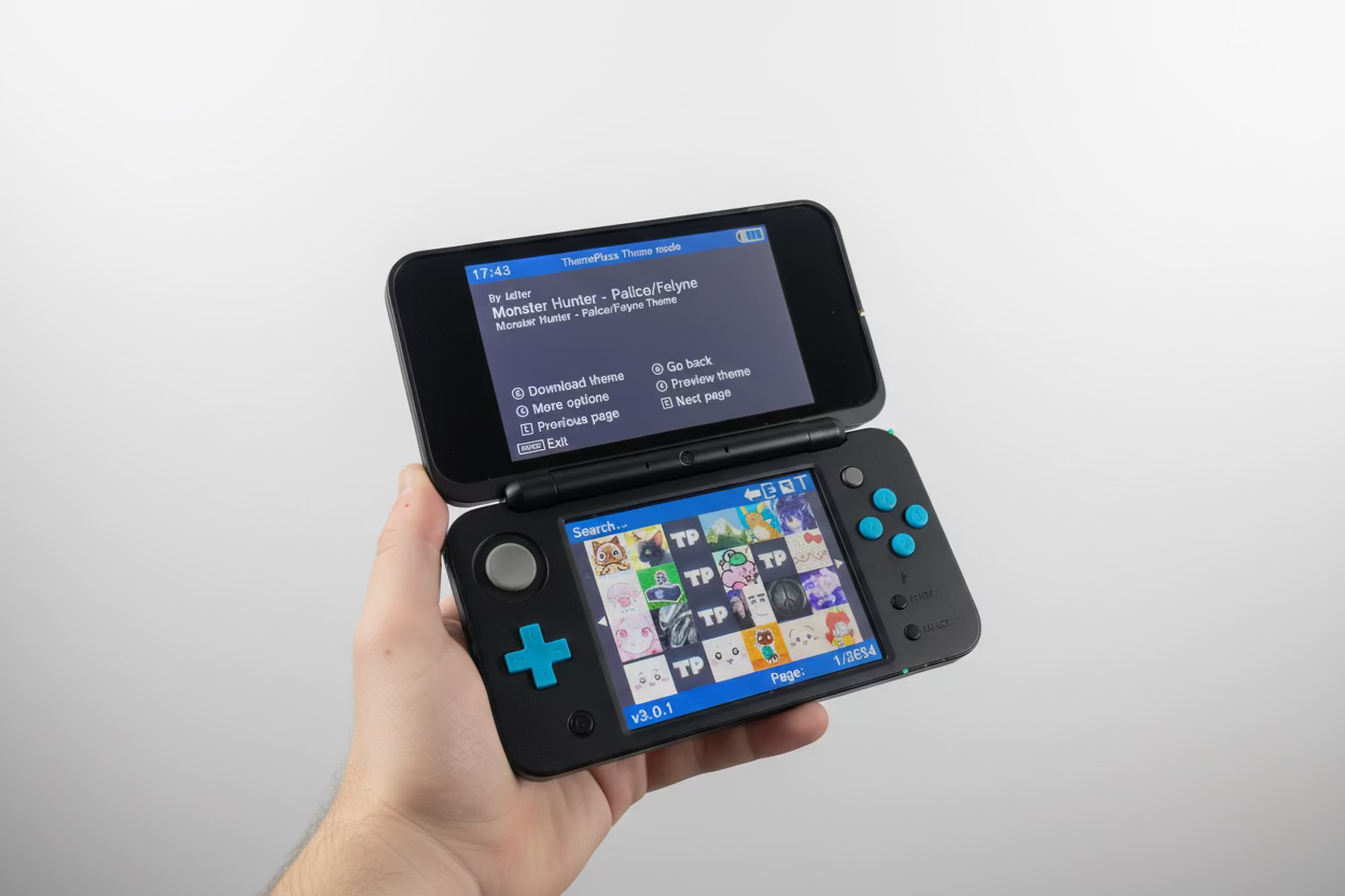 Hand holding a Nintendo Switch with a screen displaying a theme selection Modded Nintendo 2DS blue console 128GB SD custom firmware pre-loaded retro games emulators homebrew menu UK moddingmenu. Custom modded handheld 128GB SD card pre-loaded homebrew games emulators UK professional gaming mod service