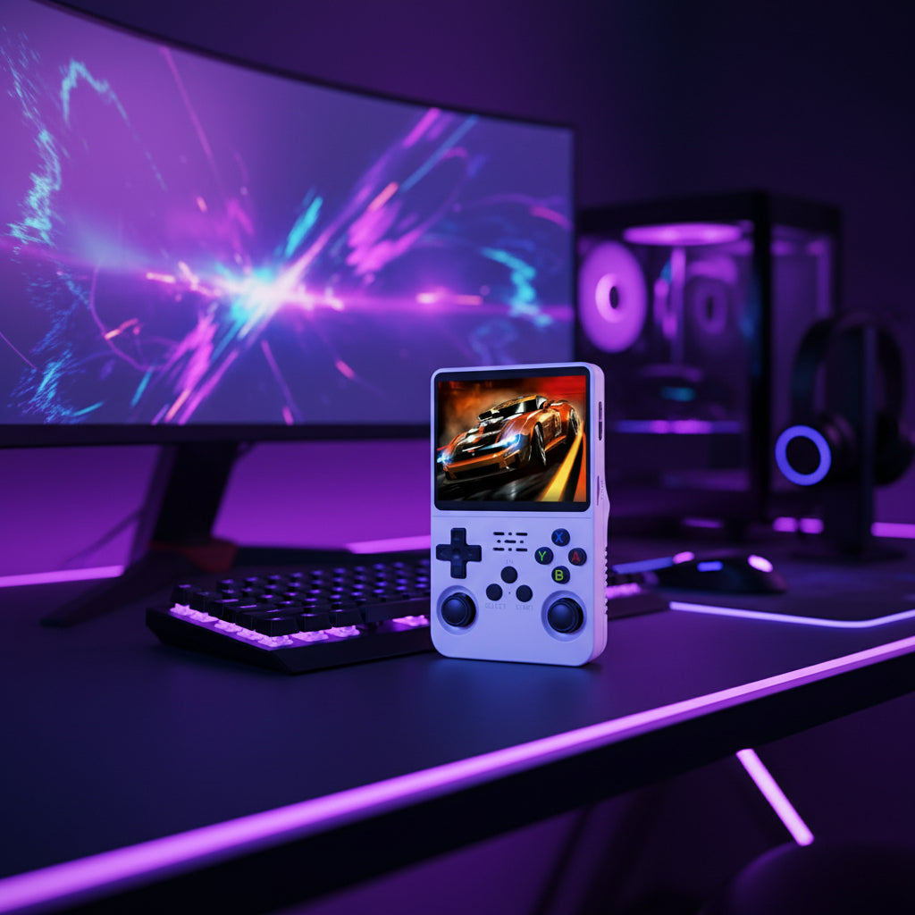 Handheld gaming console on a desk with a computer setup in the “64GB handheld gaming console with high-resolution screen and built-in games.”

“Portable 64GB retro gaming handheld device with dual controls.”

“64GB handheld game system for retro games and portable entertainment.”background