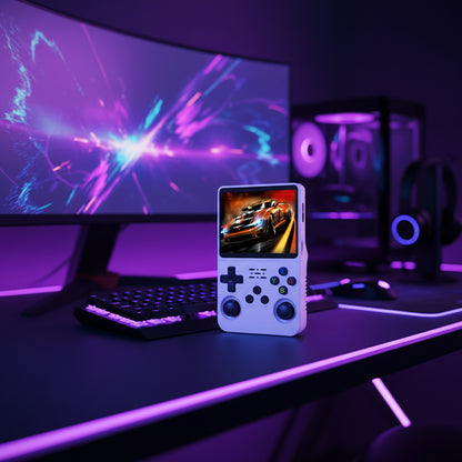 Handheld gaming console on a desk with a computer setup in the “64GB handheld gaming console with high-resolution screen and built-in games.”

“Portable 64GB retro gaming handheld device with dual controls.”

“64GB handheld game system for retro games and portable entertainment.”background