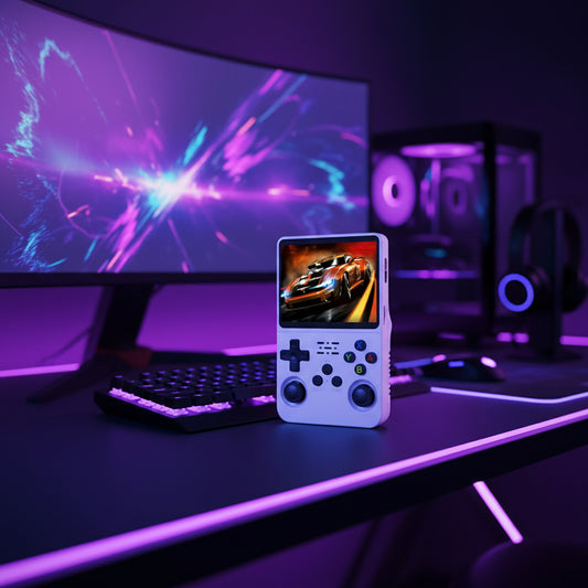 Handheld gaming console on a desk with a computer setup in the “64GB handheld gaming console with high-resolution screen and built-in games.”

“Portable 64GB retro gaming handheld device with dual controls.”

“64GB handheld game system for retro games and portable entertainment.”background