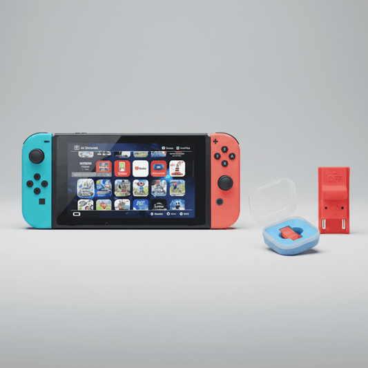 Nintendo Switch console with neon red and blue Joy-Cons and accessories | ModxGaming