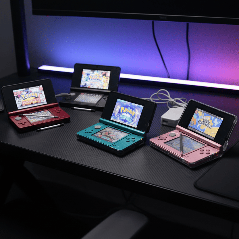 Modded Nintendo 3DS available colors - Aqua Blue, Flame Red, Pearl Pink, Cosmos Black with custom firmware and 64GB, 128GB or 256GB SD card