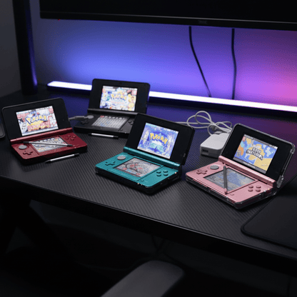 Modded Nintendo 3DS available colors - Aqua Blue, Flame Red, Pearl Pink, Cosmos Black with custom firmware and 64GB, 128GB or 256GB SD card