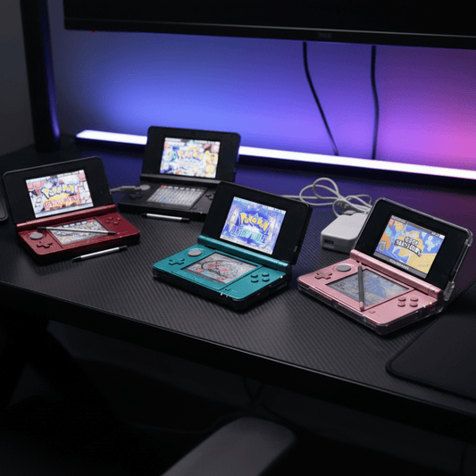 Modded Nintendo 3DS available colors - Aqua Blue, Flame Red, Pearl Pink, Cosmos Black with custom firmware and 64GB, 128GB or 256GB SD card