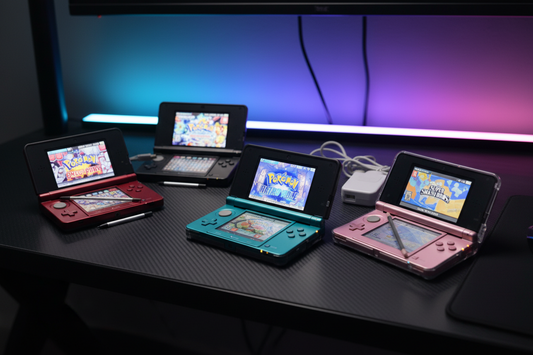 Modded Nintendo 3DS available colors - Aqua Blue, Flame Red, Pearl Pink, Cosmos Black with custom firmware and 64GB, 128GB or 256GB SD card