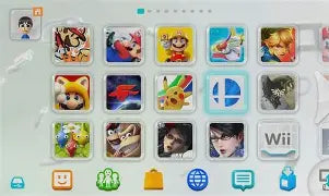 Collection of colorful app icons on a digital interface Nintendo Wii U system settings interface with custom firmware features, 64GB-256GB SD card support and installed emulators