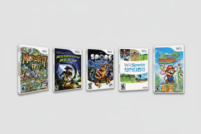 Five Nintendo Wii games displayed on a white background Homebrew modded Wii console with custom firmware - includes emulators pre-installed games 64GB 128GB 256GB SD card options