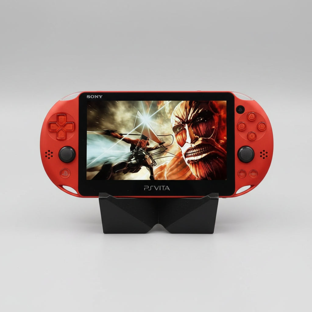 Red gaming console displaying a game with Pokémon Omega Ruby in the background PlayStation Vita displaying 'Pokémon Version Rubis' on a dark background Blue Sony PS Vita portable console with custom firmware, retro emulators, pre-installed games, and 128GB SD card.
