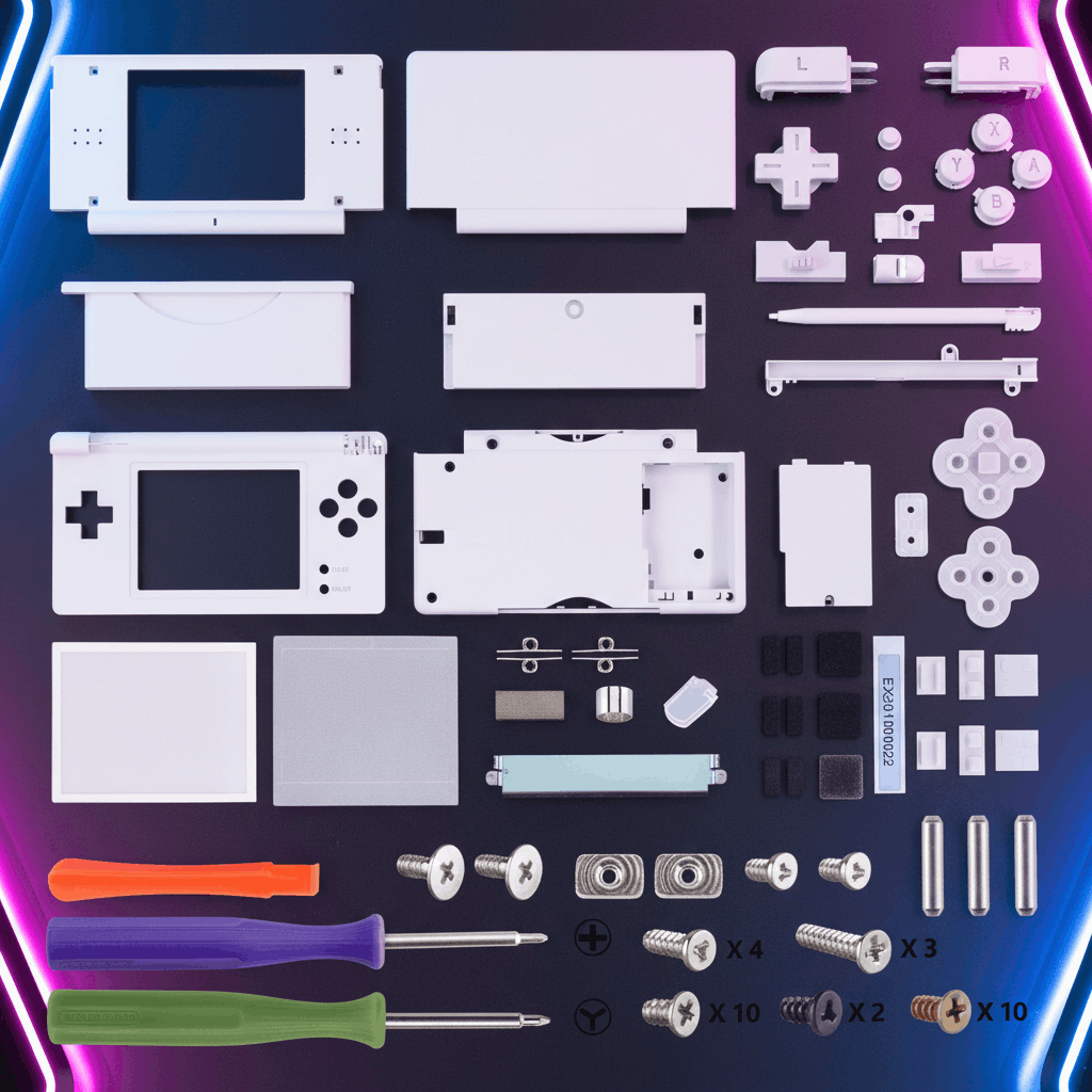 White Nintendo DS Lite complete housing replacement kit on purple neon RGB background with white ABXY buttons, D-pad, stylus, screen lens, full screw set, hinges, rubber pads, and tools included