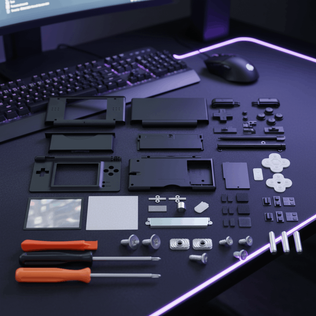 Black Nintendo DS Lite full replacement shell mod kit laid out on purple RGB gaming desk with front back covers screen frame black buttons D-pad rubber pads screen lenses hinges screws and two orange screwdrivers