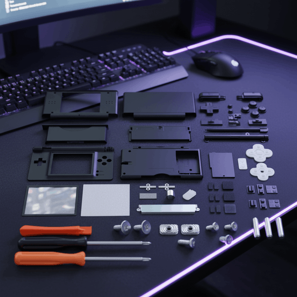 Black Nintendo DS Lite full replacement shell mod kit laid out on purple RGB gaming desk with front back covers screen frame black buttons D-pad rubber pads screen lenses hinges screws and two orange screwdrivers