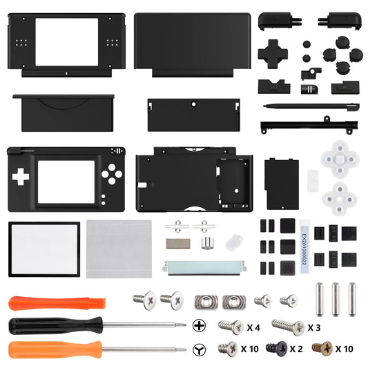 Black Nintendo DS Lite complete housing replacement kit on white background with all components including front back shells screen frame stylus black ABXY buttons D-pad rubber contacts screen lenses hinges full screw set and two orange screwdrivers