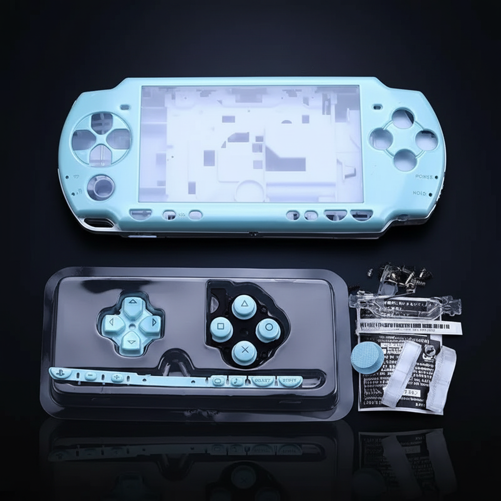 Light blue PSP 2000 replacement shell kit with buttons, screws and fitting accessories