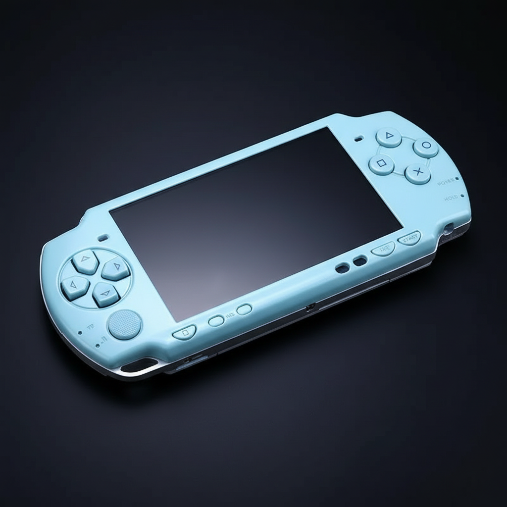 Light blue PSP 2000 replacement shell fitted to console with matching buttons and black screen