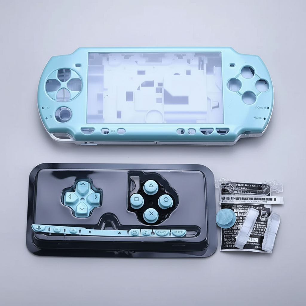**Light blue PSP 2000 replacement housing with matching buttons, screws and repair accessories**