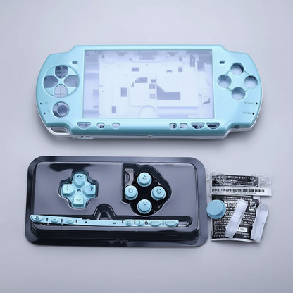 **Light blue PSP 2000 replacement housing with matching buttons, screws and repair accessories**