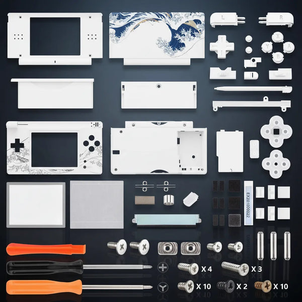 White Great Wave Hokusai Nintendo DS Lite full replacement shell kit with all buttons, D-pad, screen lenses, screws, hinges, rubber pads, and screwdrivers