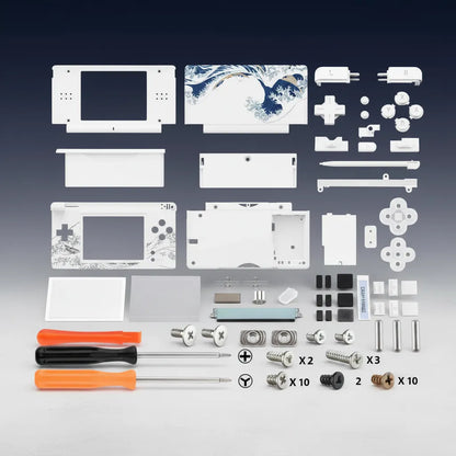 White Great Wave Hokusai Nintendo DS Lite full replacement shell mod kit with white buttons, D-pad, L R buttons, stylus, screen lens, hinges, rubber pads, screws, and two screwdrivers on grey background