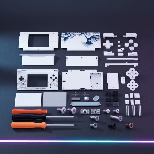White Great Wave Hokusai Nintendo DS Lite complete housing replacement kit on dark background with white ABXY buttons, D-pad, stylus, screen lens, full screw set, hinges, rubber pads, and tools included
