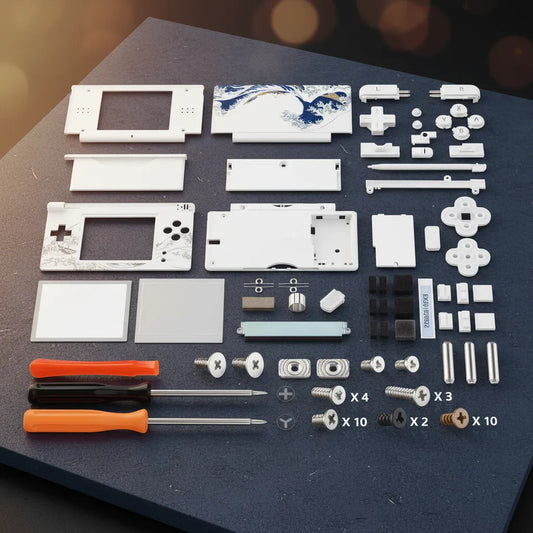 White Japanese Great Wave Nintendo DS Lite complete housing mod kit laid out with L R buttons, ABXY buttons, stylus, tools, and full screw set