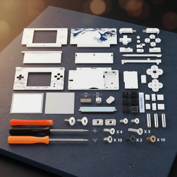 White Japanese Great Wave Nintendo DS Lite complete housing mod kit laid out with L R buttons, ABXY buttons, stylus, tools, and full screw set
