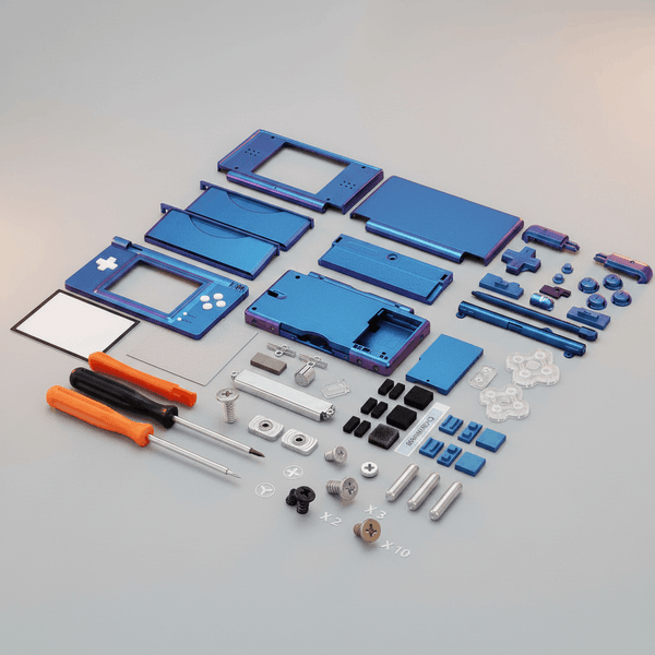 Chameleon blue purple metallic Nintendo DS Lite complete housing replacement kit on grey background with blue ABXY buttons, D-pad, stylus, screen lens, full screw set, hinges, rubber pads, and tools included