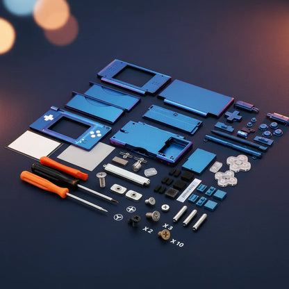 Chameleon blue purple metallic Nintendo DS Lite full replacement shell mod kit with blue buttons, D-pad, stylus, screen lens, hinges, rubber pads, screws, and three screwdrivers on dark background