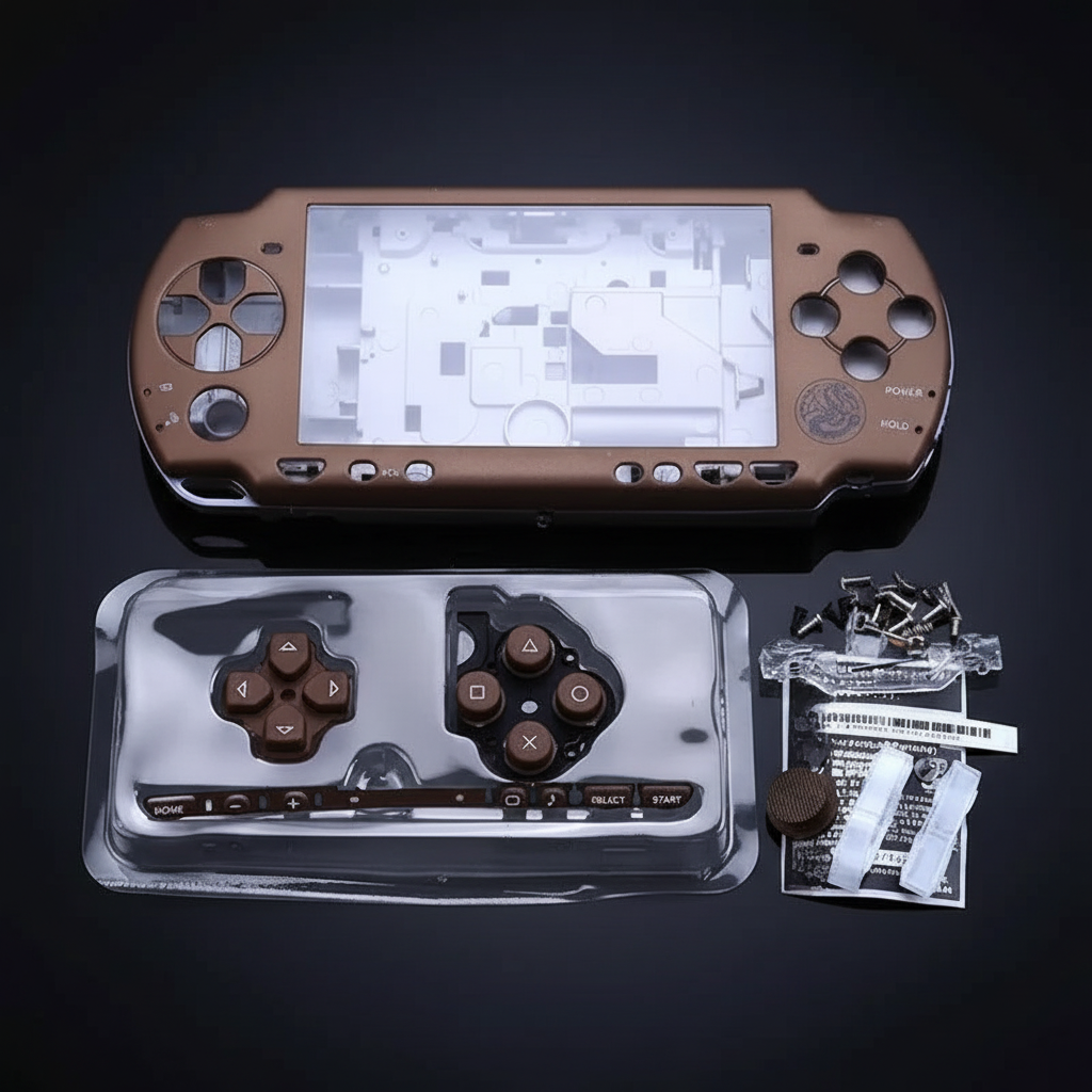 Metallic bronze PSP 2000 replacement housing kit with matching buttons, screws and repair accessories