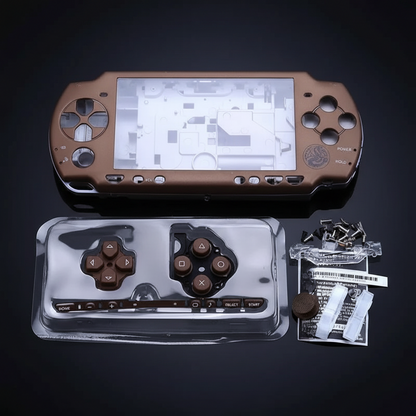 Metallic bronze PSP 2000 replacement housing kit with matching buttons, screws and repair accessories