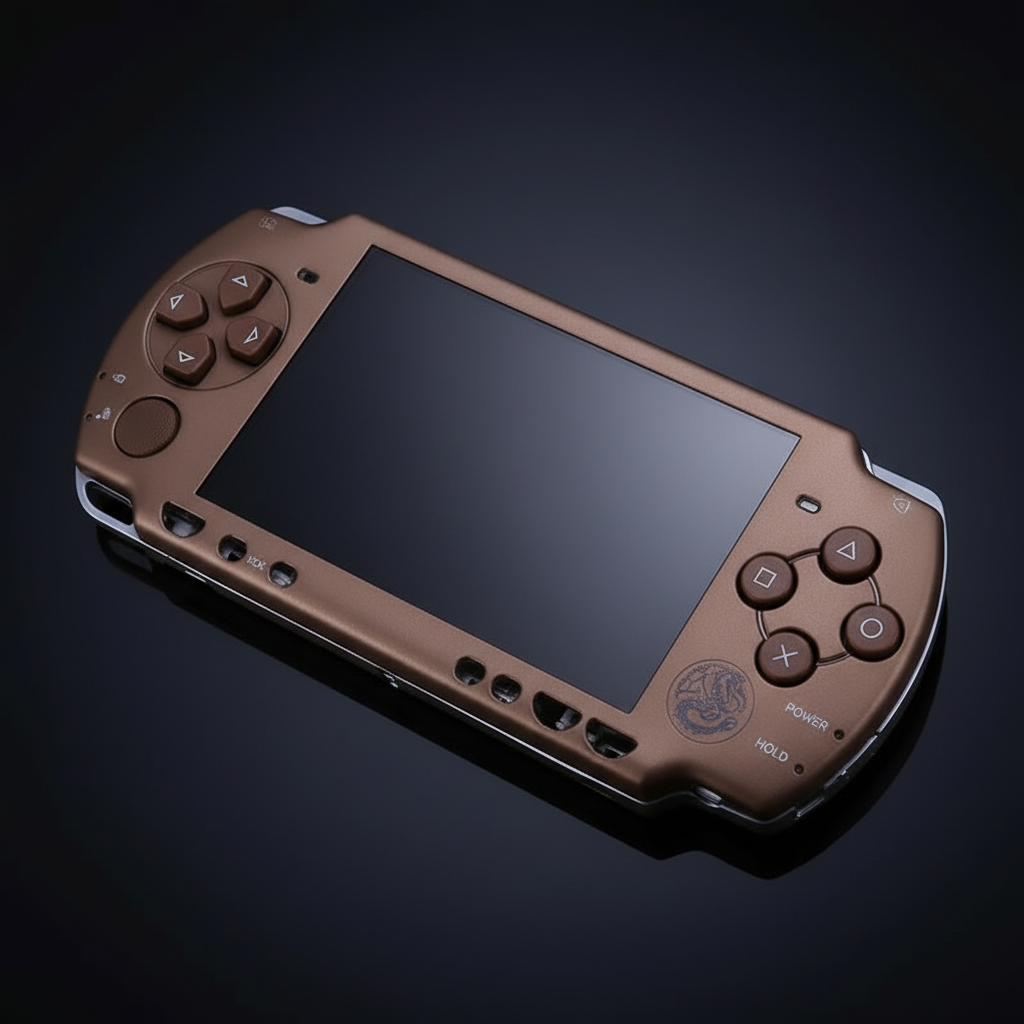 Metallic bronze PSP 2000 replacement shell fitted to console with glossy black screen
