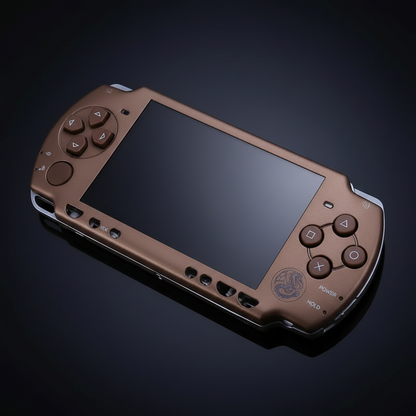 Metallic bronze PSP 2000 replacement shell fitted to console with glossy black screen