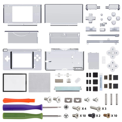Chrome silver Nintendo DS Lite full replacement shell mod kit with all buttons, D-pad, stylus, screen lens, hinges, rubber pads, screws, and three screwdrivers on white background