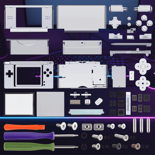 Chrome silver Nintendo DS Lite complete housing replacement kit laid out on purple gaming desk with L R buttons, ABXY buttons, screen lens, full screw set, and tools included