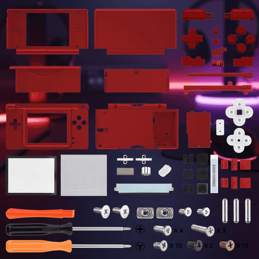 Red Nintendo DS Lite full replacement shell mod kit with red buttons, D-pad, screen lens, hinges, rubber pads, screws, and two screwdrivers on purple gaming desk background