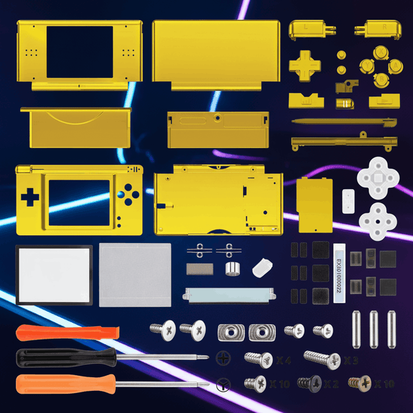 Gold yellow metallic Nintendo DS Lite full replacement shell mod kit with gold buttons, D-pad, L R buttons, stylus, screen lens, hinges, rubber pads, screws, and three screwdrivers on dark neon background