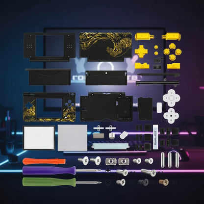 Black and gold Great Wave Nintendo DS Lite full replacement shell mod kit with yellow buttons, D-pad, stylus, screen lens, hinges, rubber pads, screws, and three screwdrivers on RGB gaming desk
