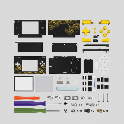 Black and gold Great Wave Nintendo DS Lite complete housing replacement kit on grey background with yellow ABXY buttons, D-pad, stylus, screen lens, full screw set, hinges, and tools included