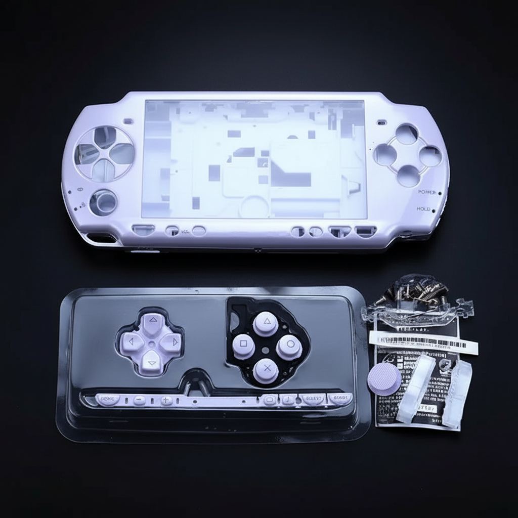  Silver PSP 2000 replacement shell kit with buttons, screws and fitting accessories