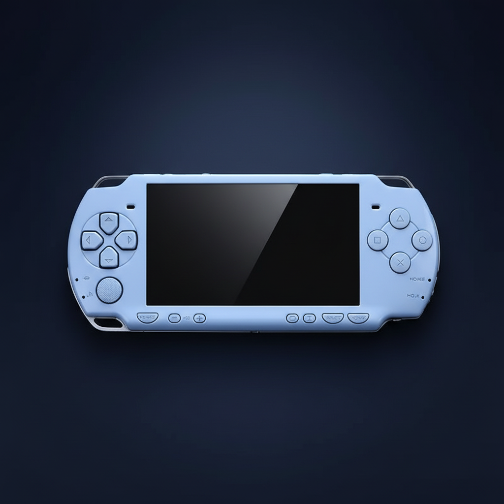 Light blue PSP 2000 replacement shell fitted to console with matching controls and glossy black screen